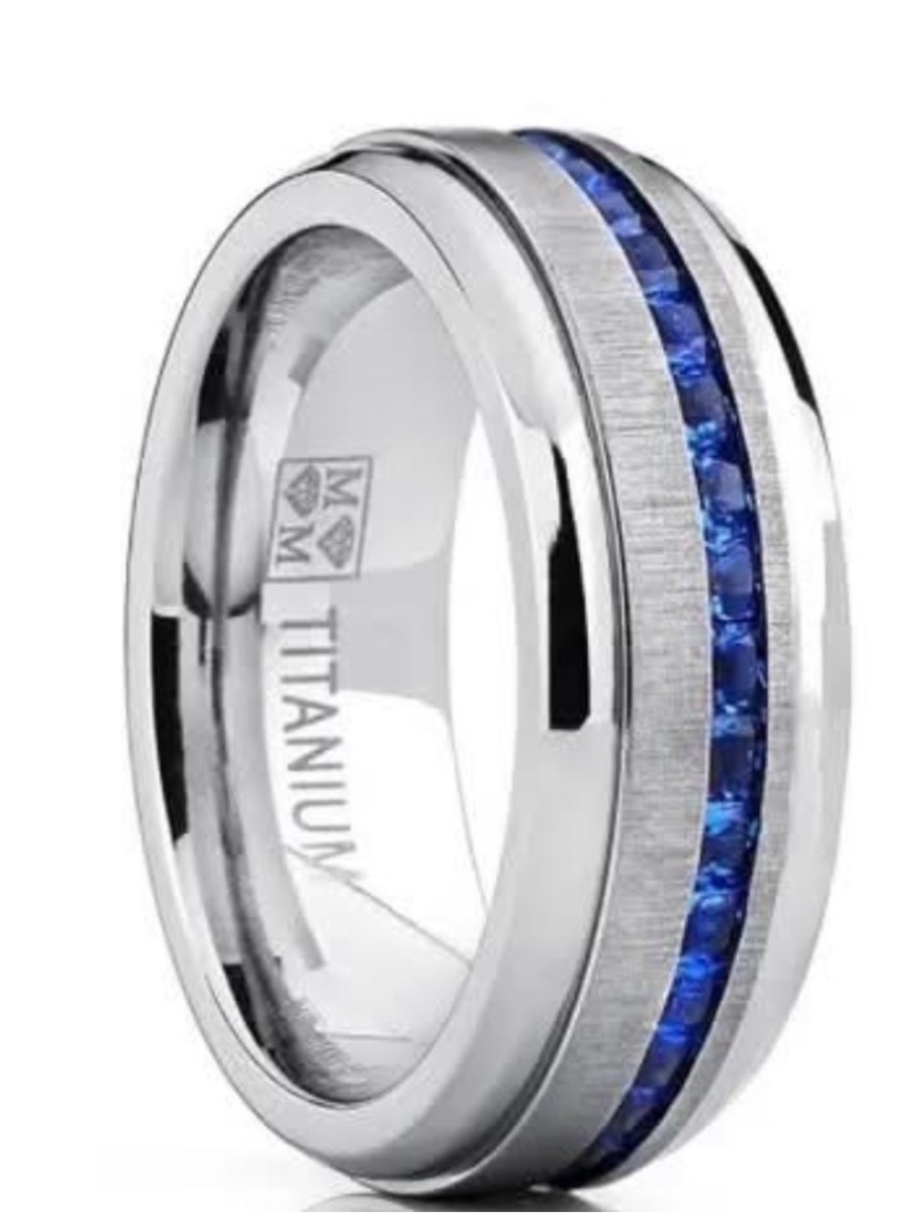 NWT-Men's 2.4Ct Eternity Princess Titanium Wedding Band Simulated Sapphire Blue